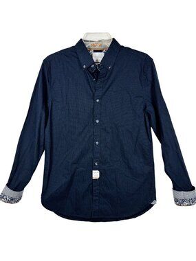 Denim & Flower Ricky Singh Mens Navy Blue Micro-Polka Dot Poplin Button Down S